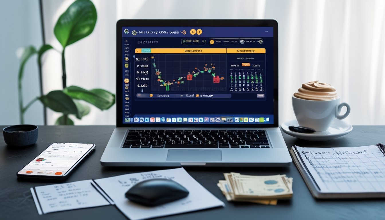 Seorang pria duduk di depan laptop dengan tampilan antarmuka togel online, dikelilingi oleh smartphone, secangkir kopi, dan buku catatan di meja kerja.