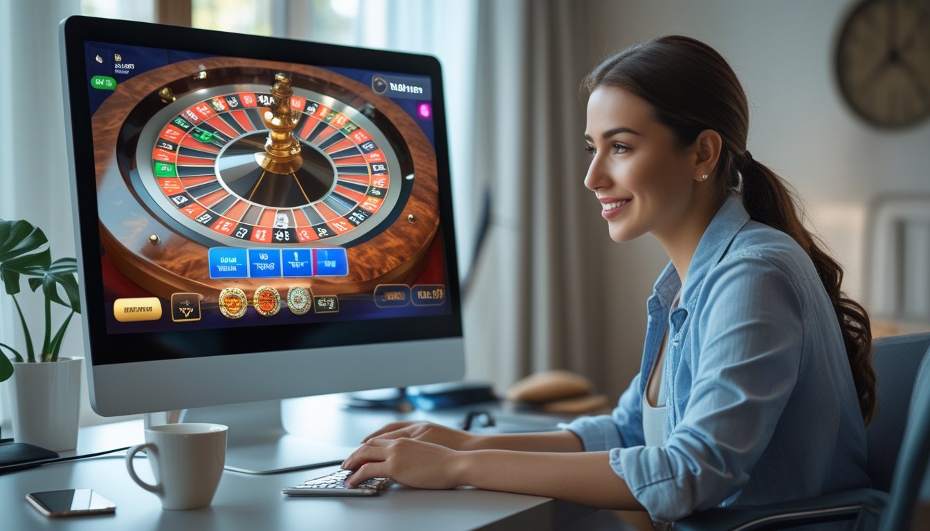 Seorang wanita muda duduk di meja dengan komputer yang menampilkan permainan roulette online, terlihat fokus dan santai di ruangan yang terang.