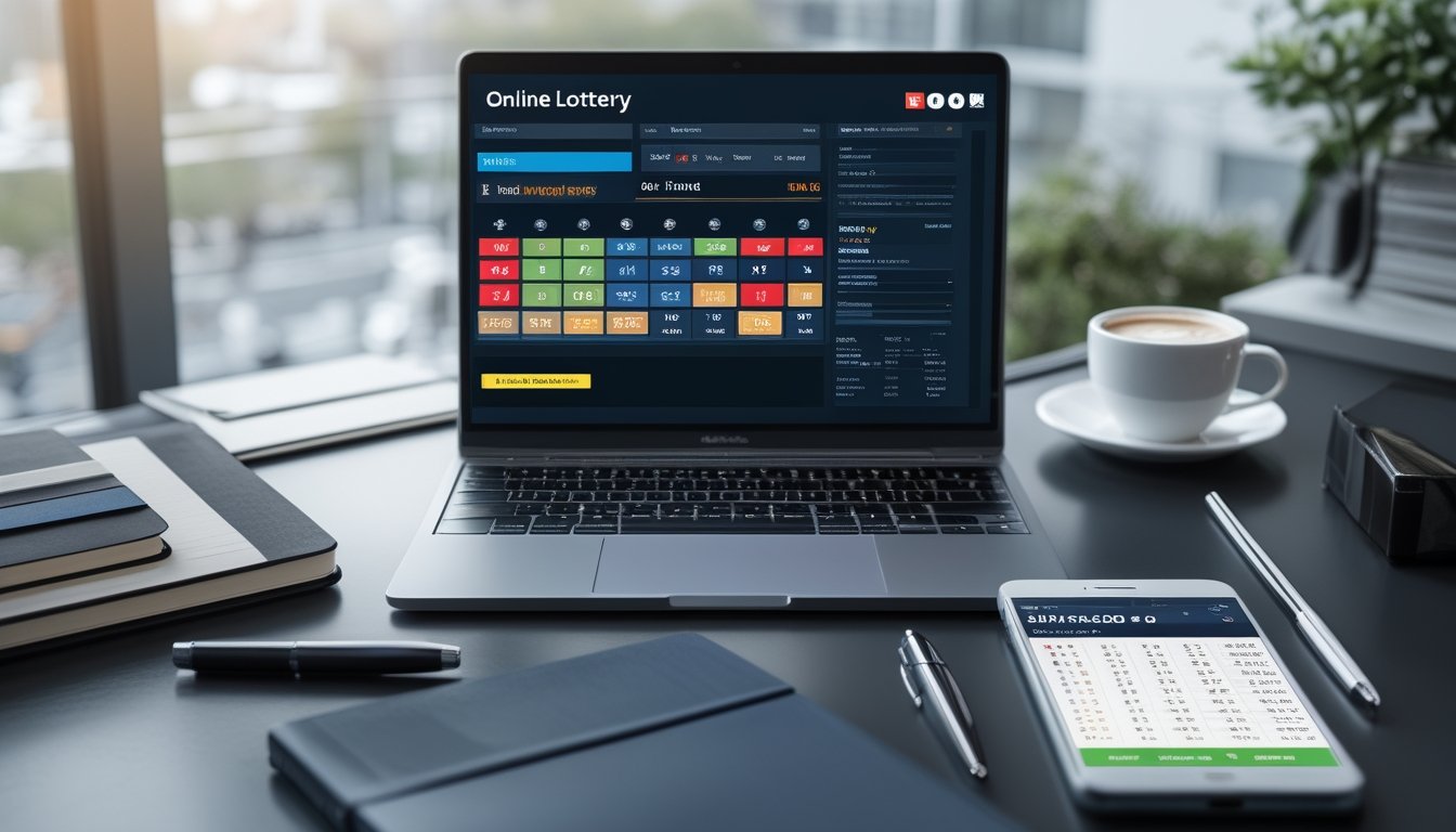 Meja kerja dengan laptop yang menampilkan antarmuka togel online, notebook, pena, dan ponsel yang menunjukkan hasil togel.