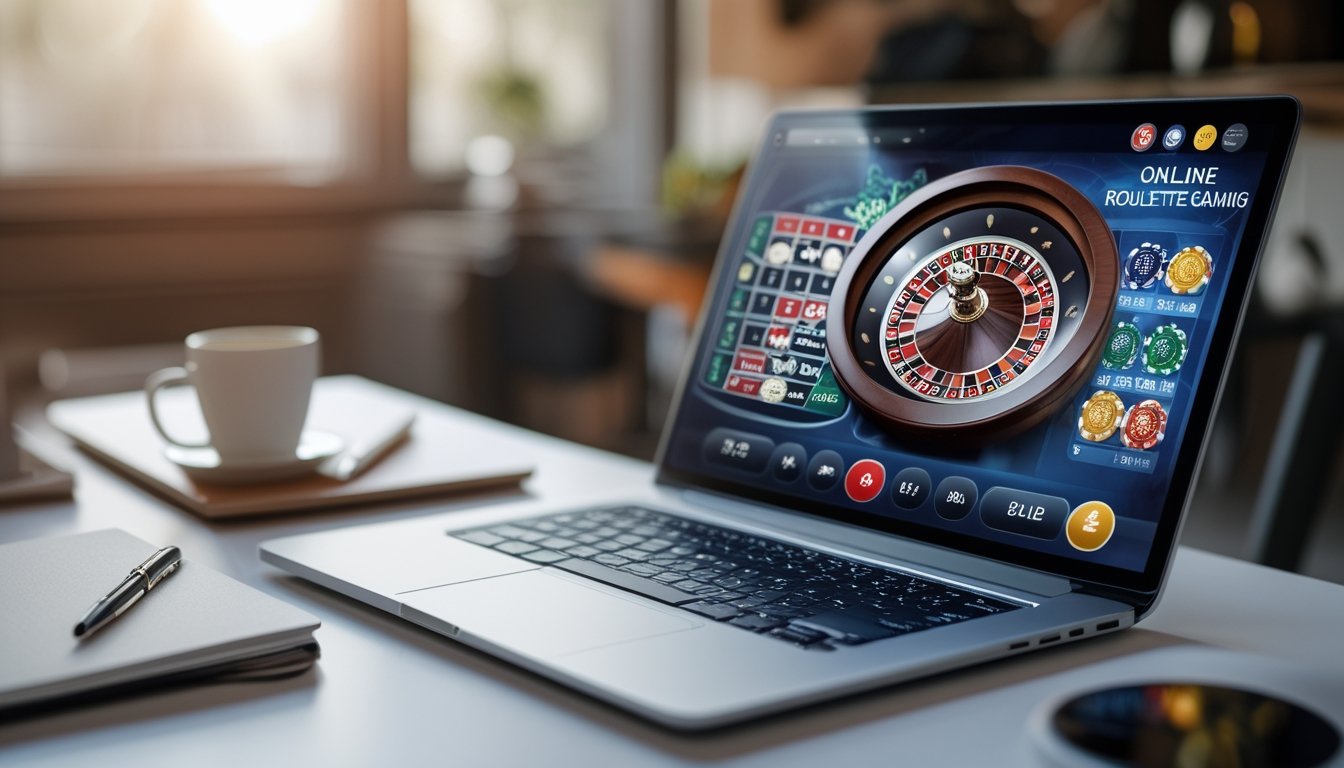 Seorang pengguna duduk di depan laptop yang menampilkan permainan roulette online dengan meja yang rapi dan suasana yang terang.