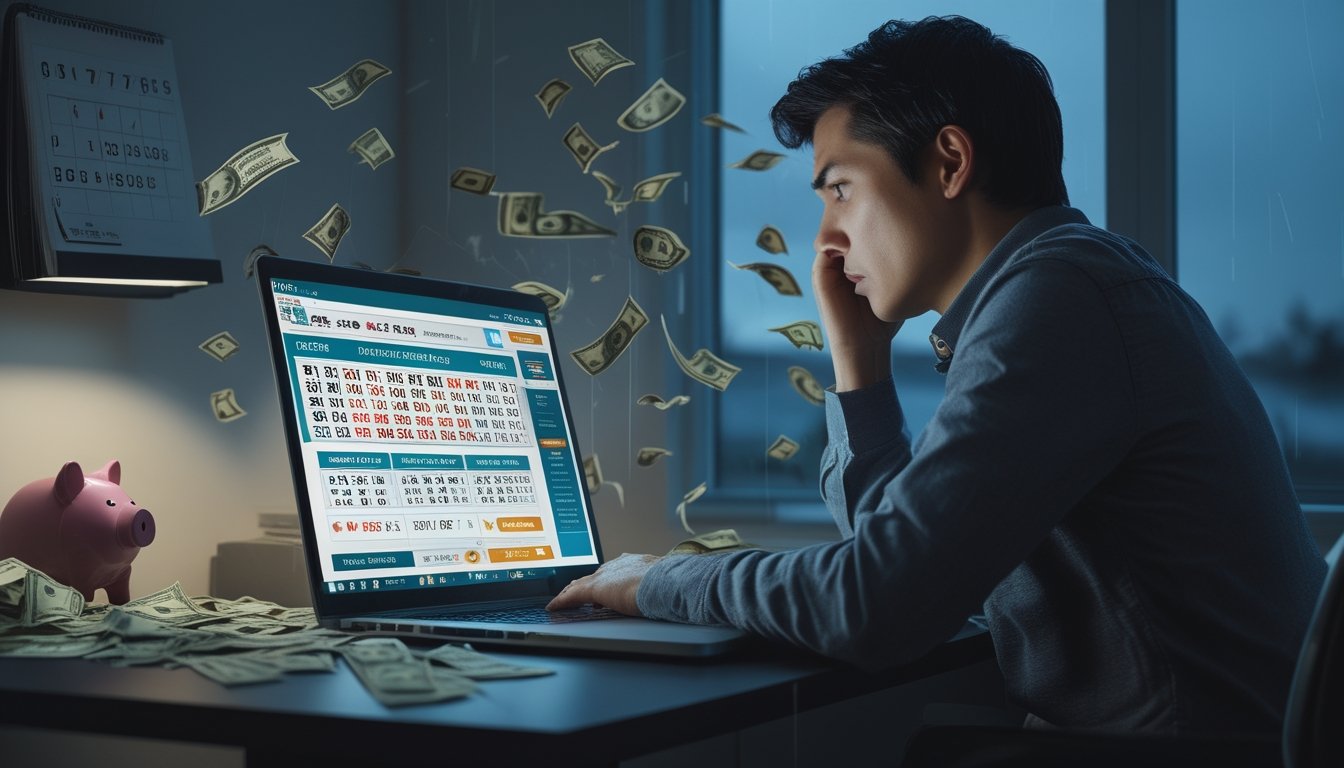 Seseorang duduk di meja dengan ekspresi cemas melihat layar laptop yang menampilkan angka togel online, di sekitar meja terdapat uang berantakan dan celengan pecah, suasana ruangan gelap dan mendung.
