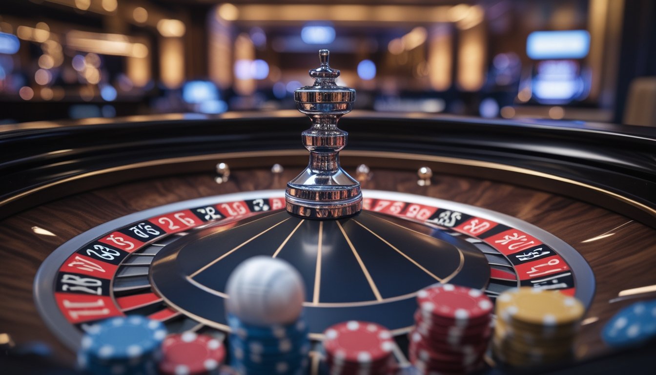 Meja roulette kasino dengan roda roulette dan tumpukan chip di sekitarnya.