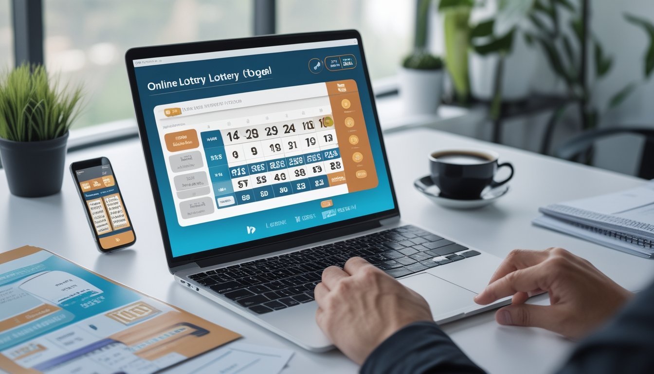 Seseorang sedang bekerja di meja dengan laptop yang menampilkan antarmuka togel online, dokumen rapi, dan ponsel di sampingnya dalam ruang kantor yang terang dan rapi.