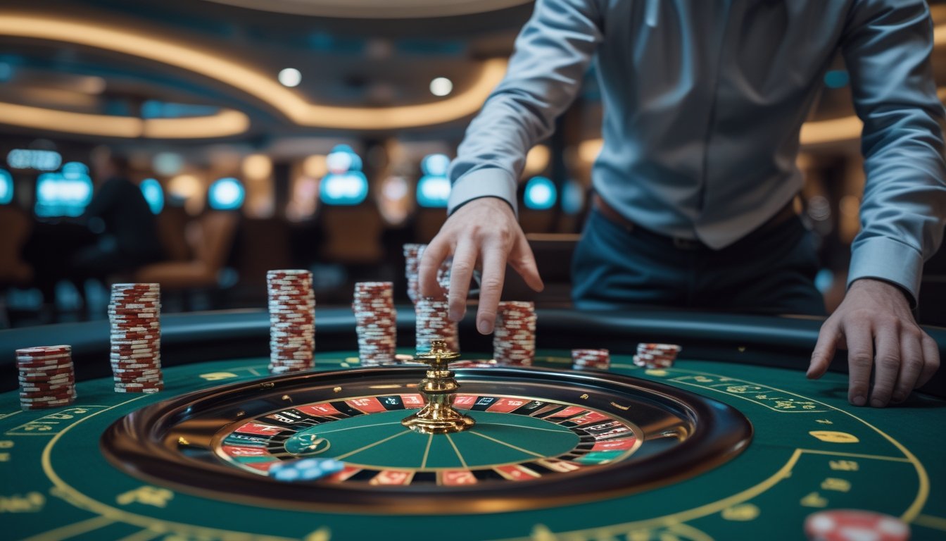 Seorang pemain di meja roulette kasino sedang menempatkan chip secara berurutan dengan tumpukan chip yang semakin besar.