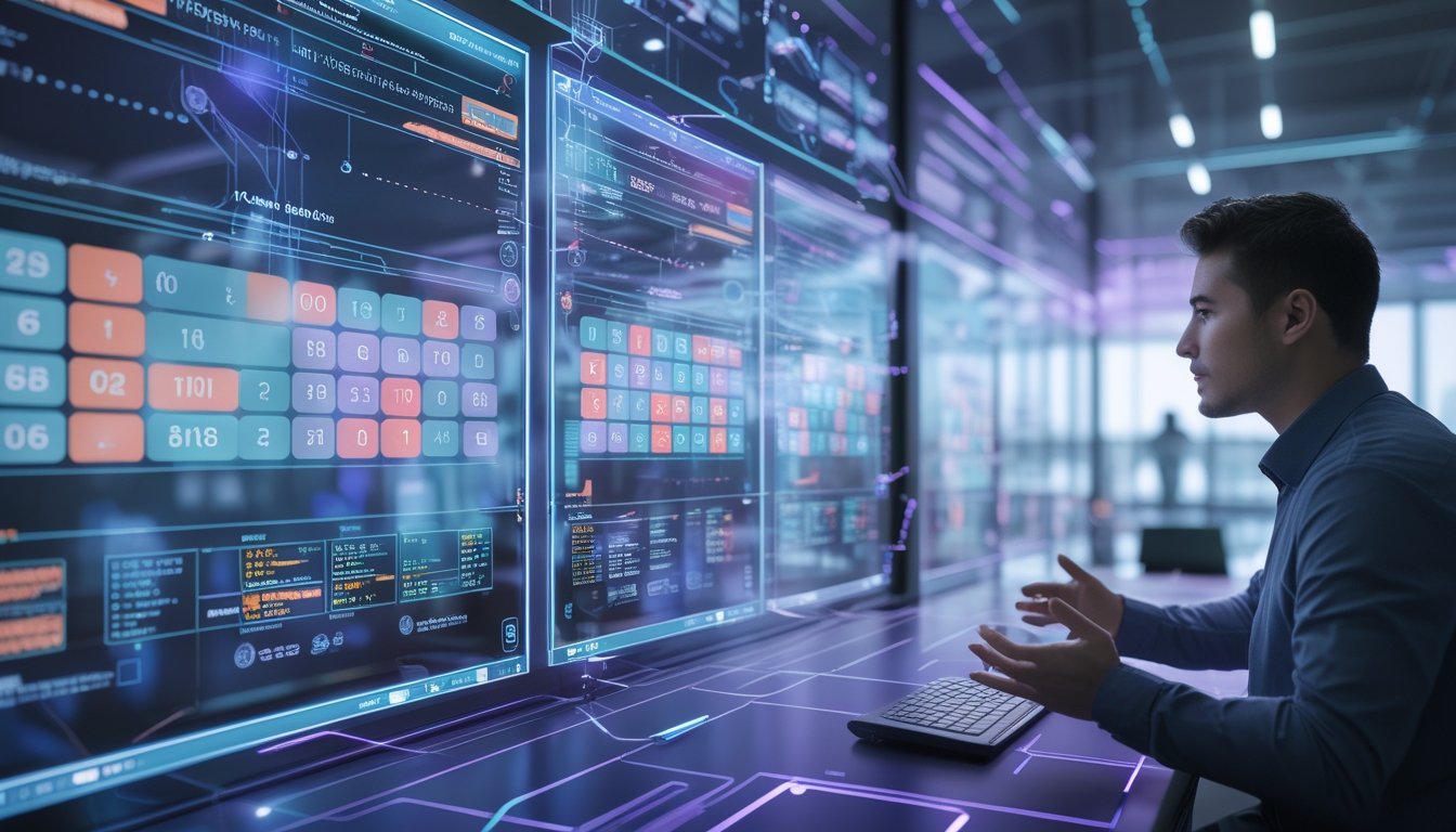 Seseorang menggunakan antarmuka digital holografik dengan data dan angka togel di lingkungan kantor modern.