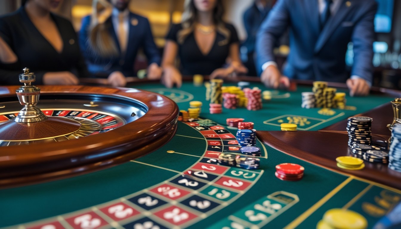 Meja roulette dengan roda berputar dan tumpukan chip, di latar belakang terdapat pemain dan dealer kasino yang fokus pada permainan.