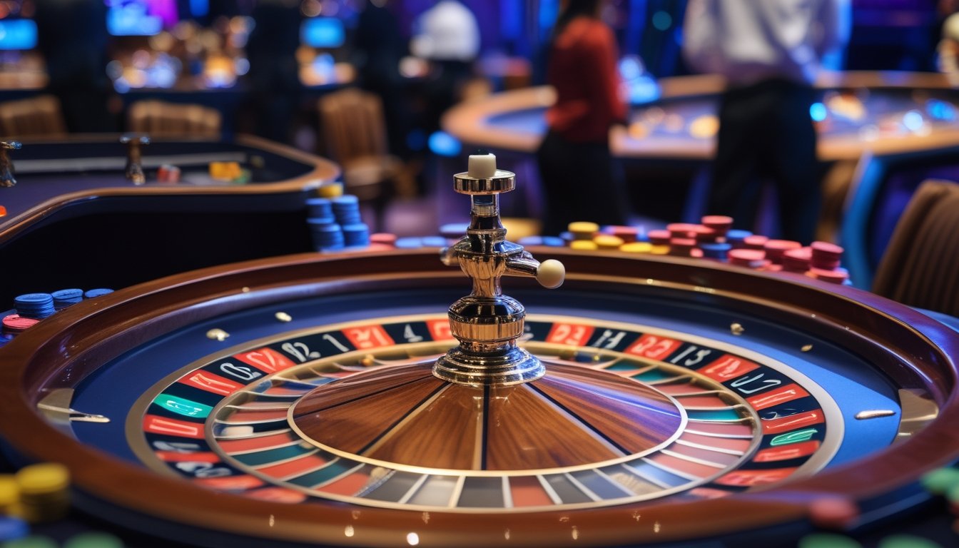 Meja roulette dengan roda berputar dan chip taruhan di kasino langsung, pemain dan dealer terlihat di latar belakang.