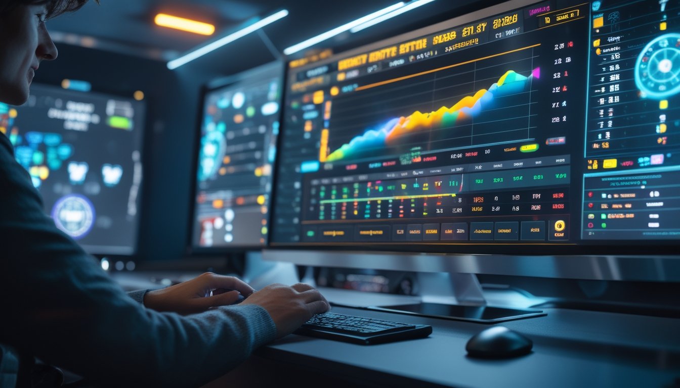 Seorang individu sedang menganalisis data peluang taruhan roulette online di depan layar komputer dengan grafik dan diagram probabilitas.