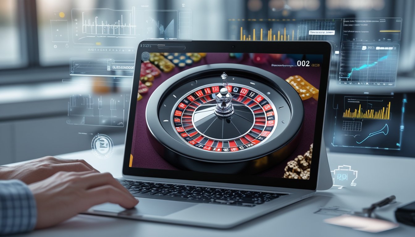 Seseorang menggunakan perangkat digital dengan gambar roda roulette dan grafik probabilitas di layar.