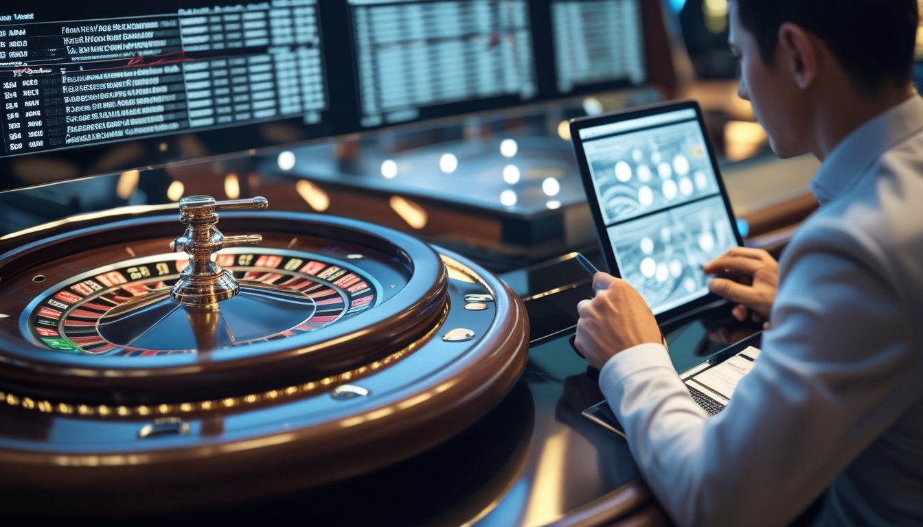 Meja roulette dengan roda roulette dan tata letak taruhan, seseorang sedang mempelajari statistik putaran dengan alat tulis atau tablet di tangan.