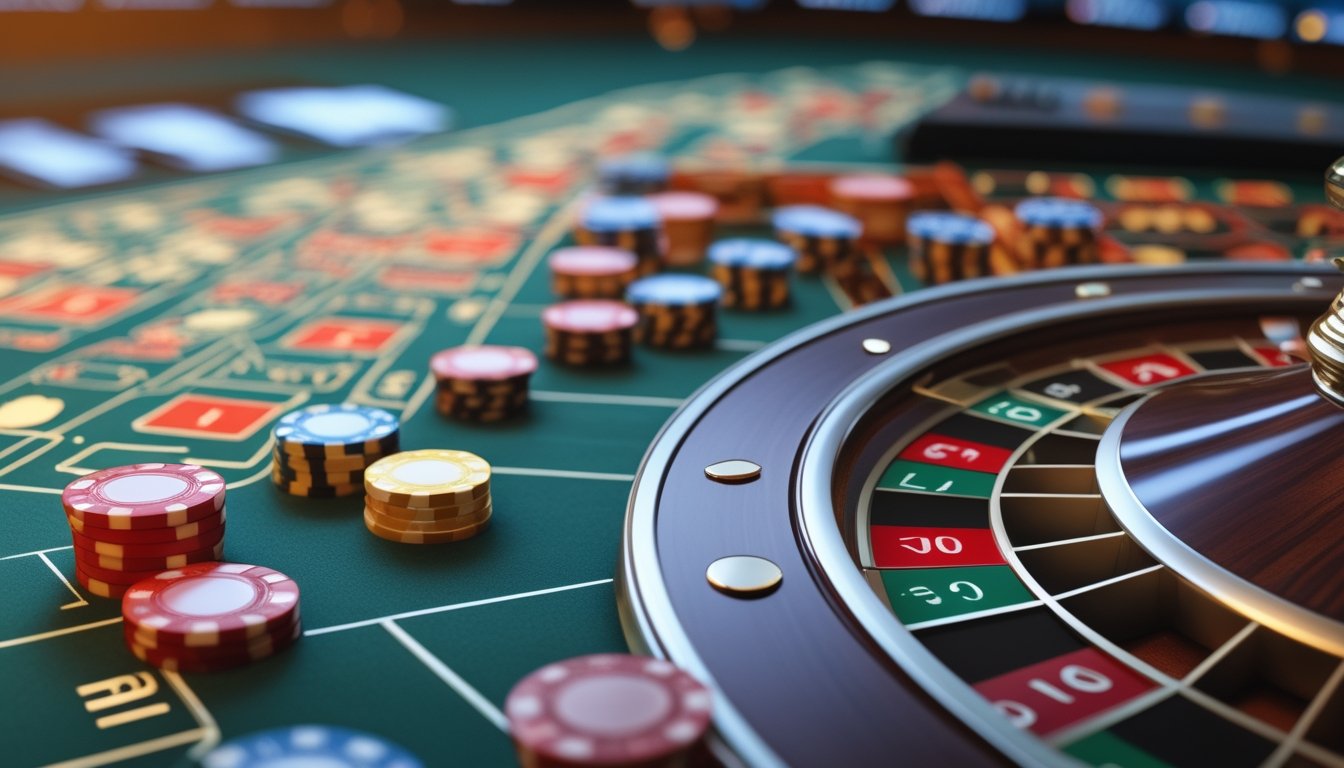 Meja roulette dengan roda berputar dan chip taruhan, menunjukkan suasana permainan roulette di kasino.