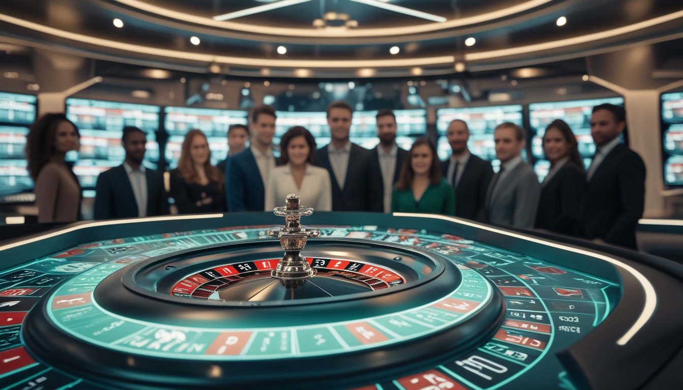 Sebuah meja roulette modern dengan roda berputar dan layar digital menampilkan taruhan langsung, dikelilingi oleh orang-orang yang menonton permainan roulette secara langsung.