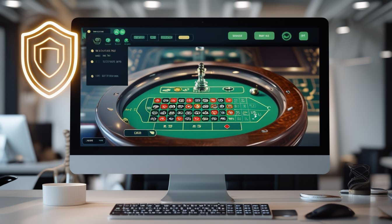 Sebuah monitor komputer menampilkan permainan roulette live streaming dengan roda roulette yang berputar dan chip taruhan di meja permainan.