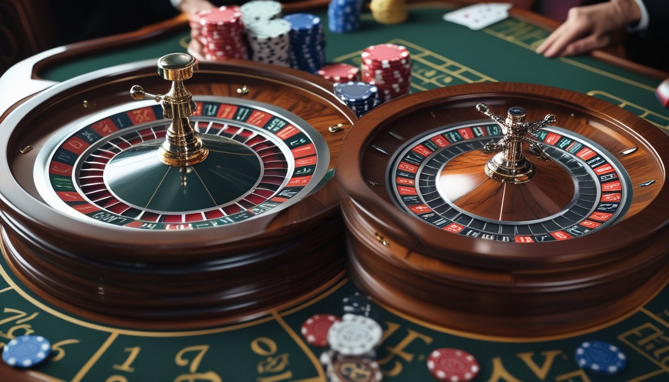 Dua meja roulette berdampingan di kasino, satu dengan satu nol dan satu lagi dengan nol ganda, menunjukkan perbedaan antara Roulette Eropa dan Amerika.