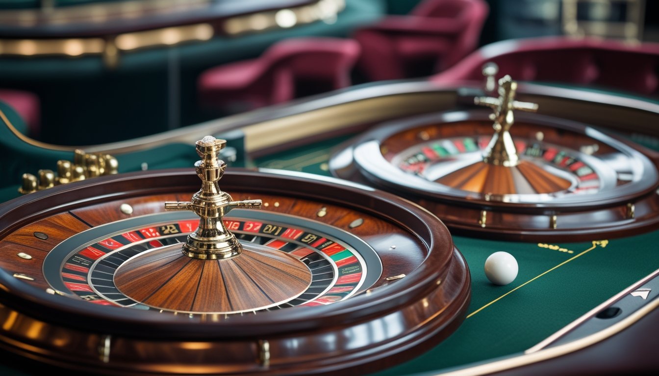 Meja roulette dengan roda roulette Eropa dan Amerika berdampingan di kasino, menampilkan perbedaan jumlah nol pada masing-masing roda.