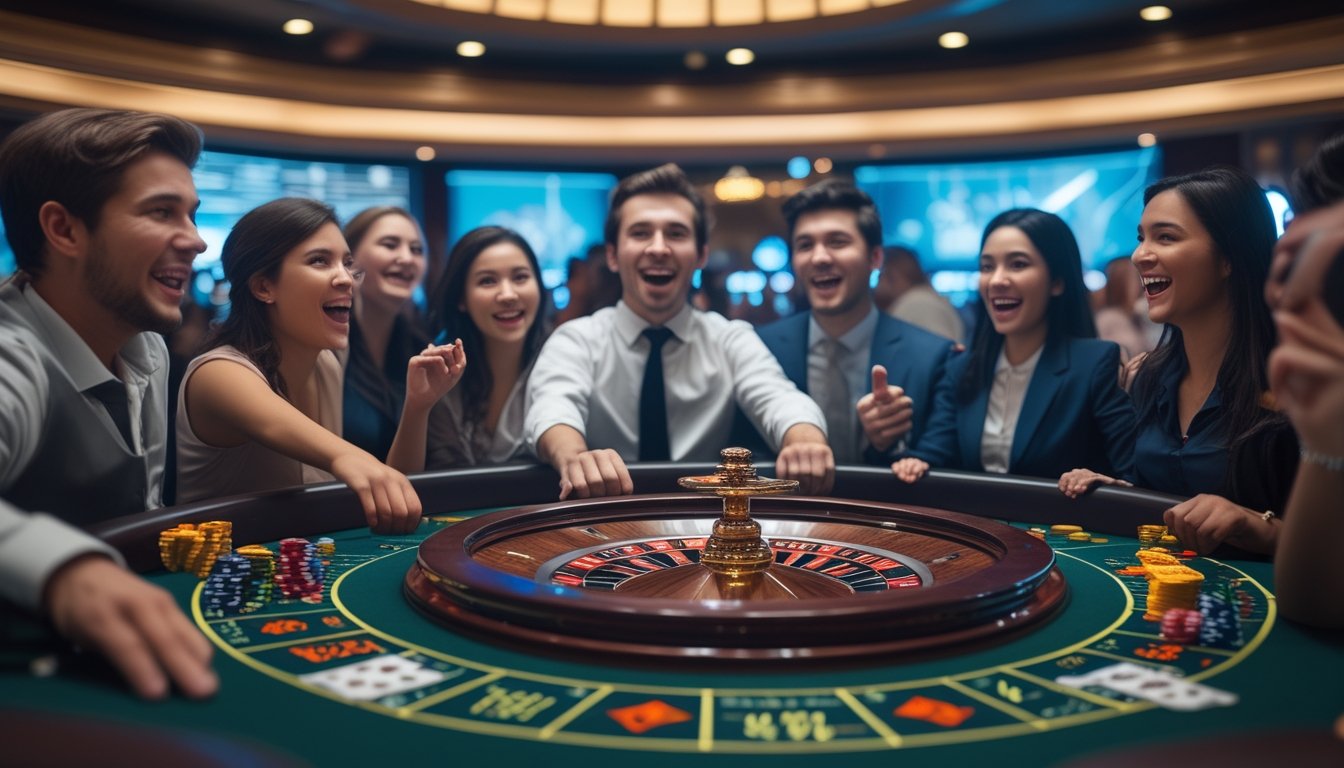 Suasana permainan Lightning Roulette di kasino dengan pemain yang antusias mengelilingi meja roulette yang menyala dan berputar.