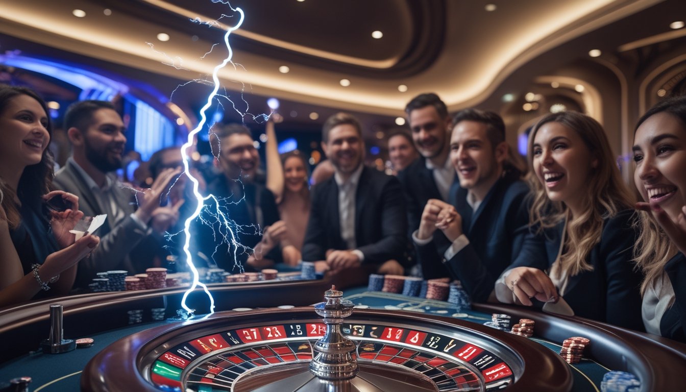 Meja roulette dengan roda yang berputar dan efek petir, dikelilingi oleh pemain yang terlihat bersemangat di dalam kasino.