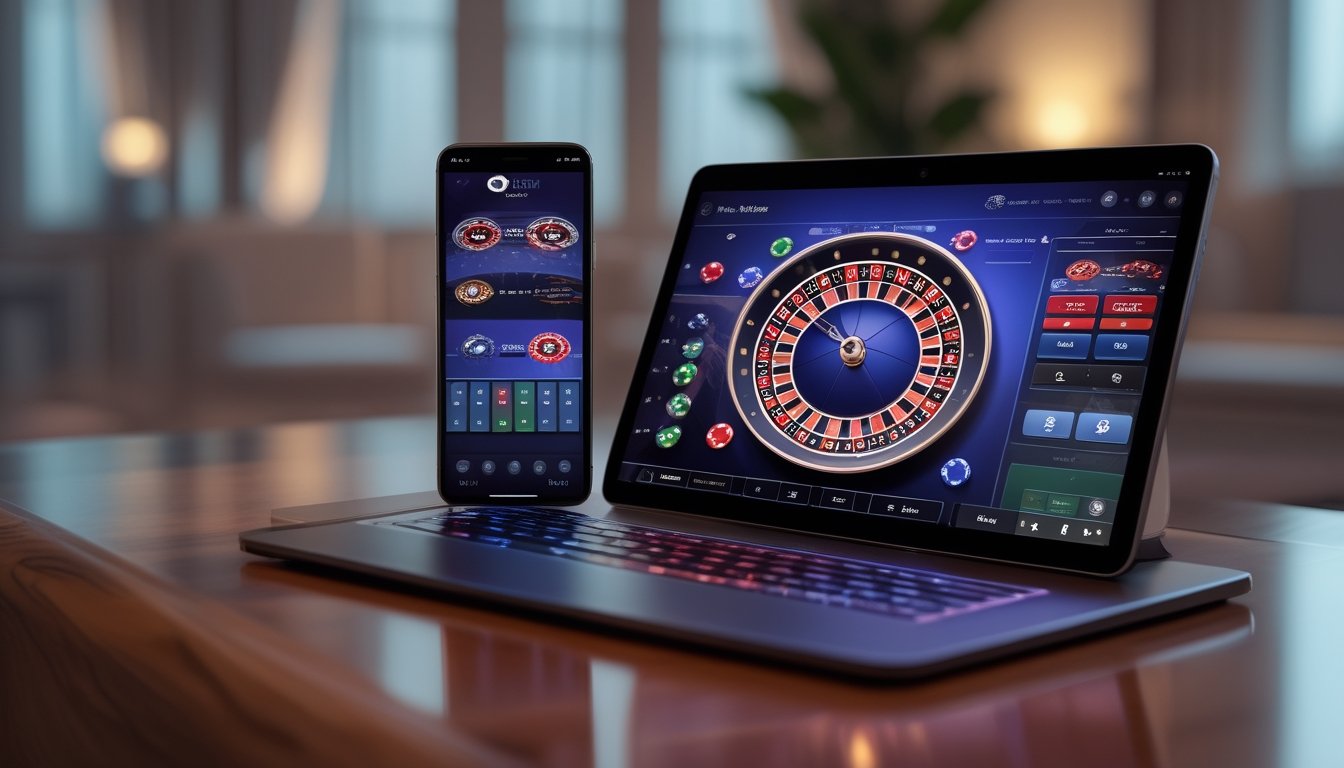 Smartphone dan tablet menampilkan permainan roulette online dengan roda roulette berputar dan chip taruhan di layar.