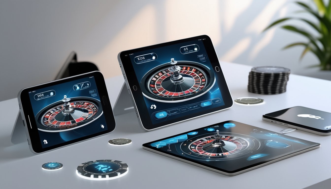 Perangkat Android dan iOS menampilkan permainan roulette online dengan tampilan roda roulette yang jelas dan perangkat yang diletakkan di atas meja bersih.