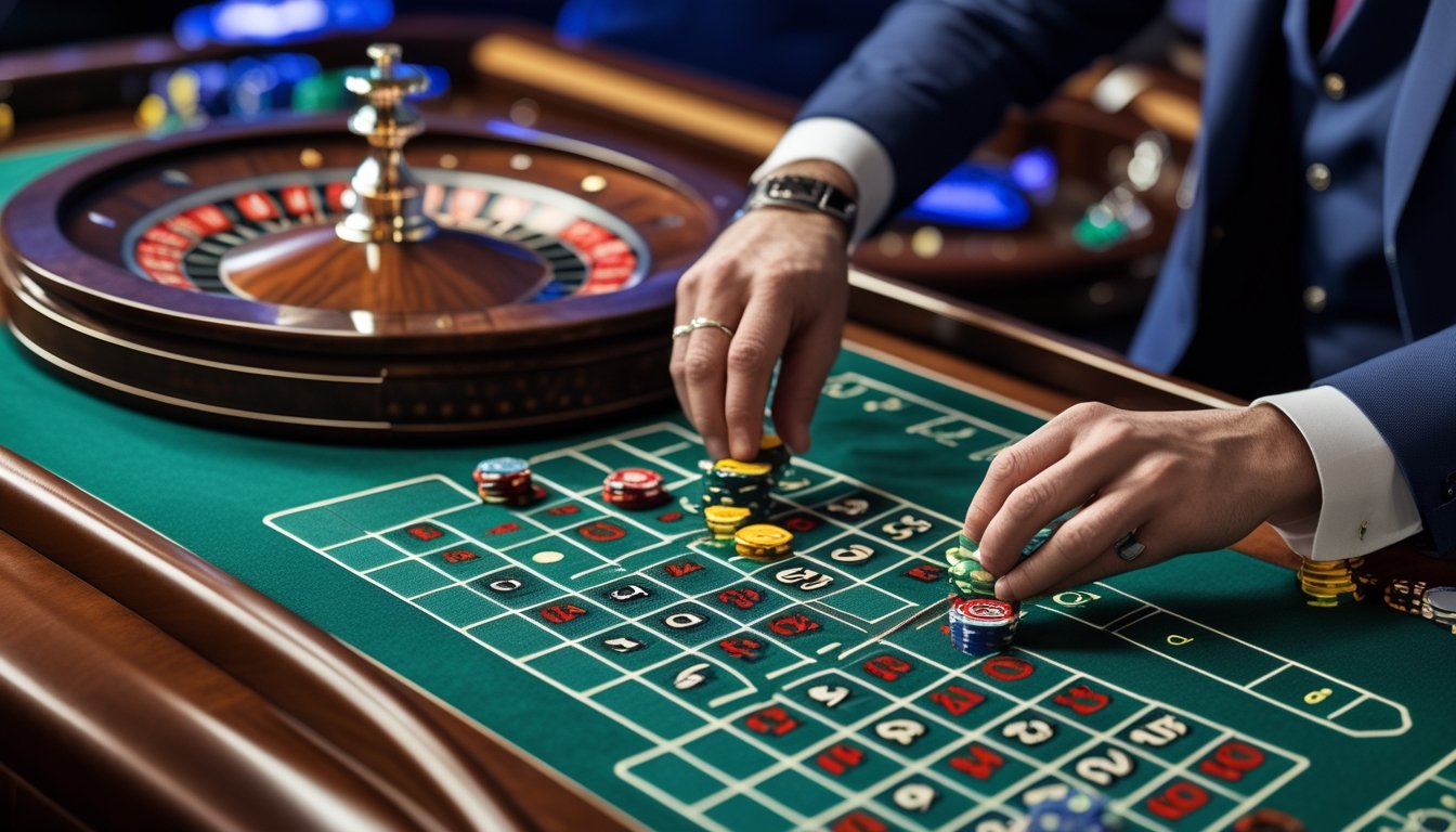 Meja roulette modern dengan taruhan kolom dan lusin, menampilkan tangan pemain yang meletakkan chip pada area taruhan di meja.