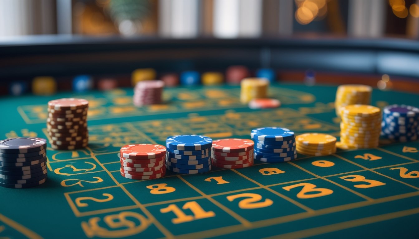 Meja roulette modern dengan chip taruhan berwarna-warni ditempatkan di area taruhan kolom dan lusinan.