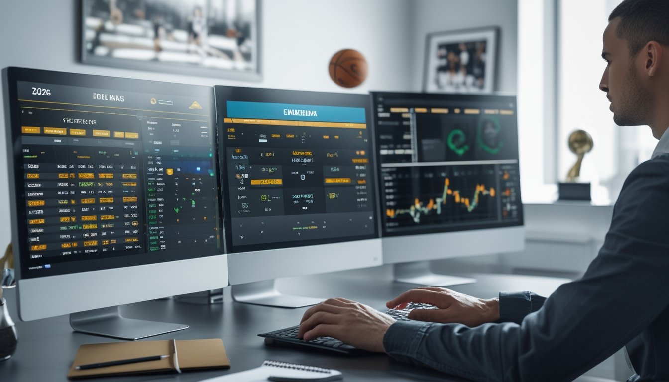 Meja kerja dengan beberapa layar komputer yang menampilkan statistik dan grafik taruhan basket NBA, tangan seseorang menggunakan mouse dan keyboard, dengan suasana kantor minimalis di latar belakang.