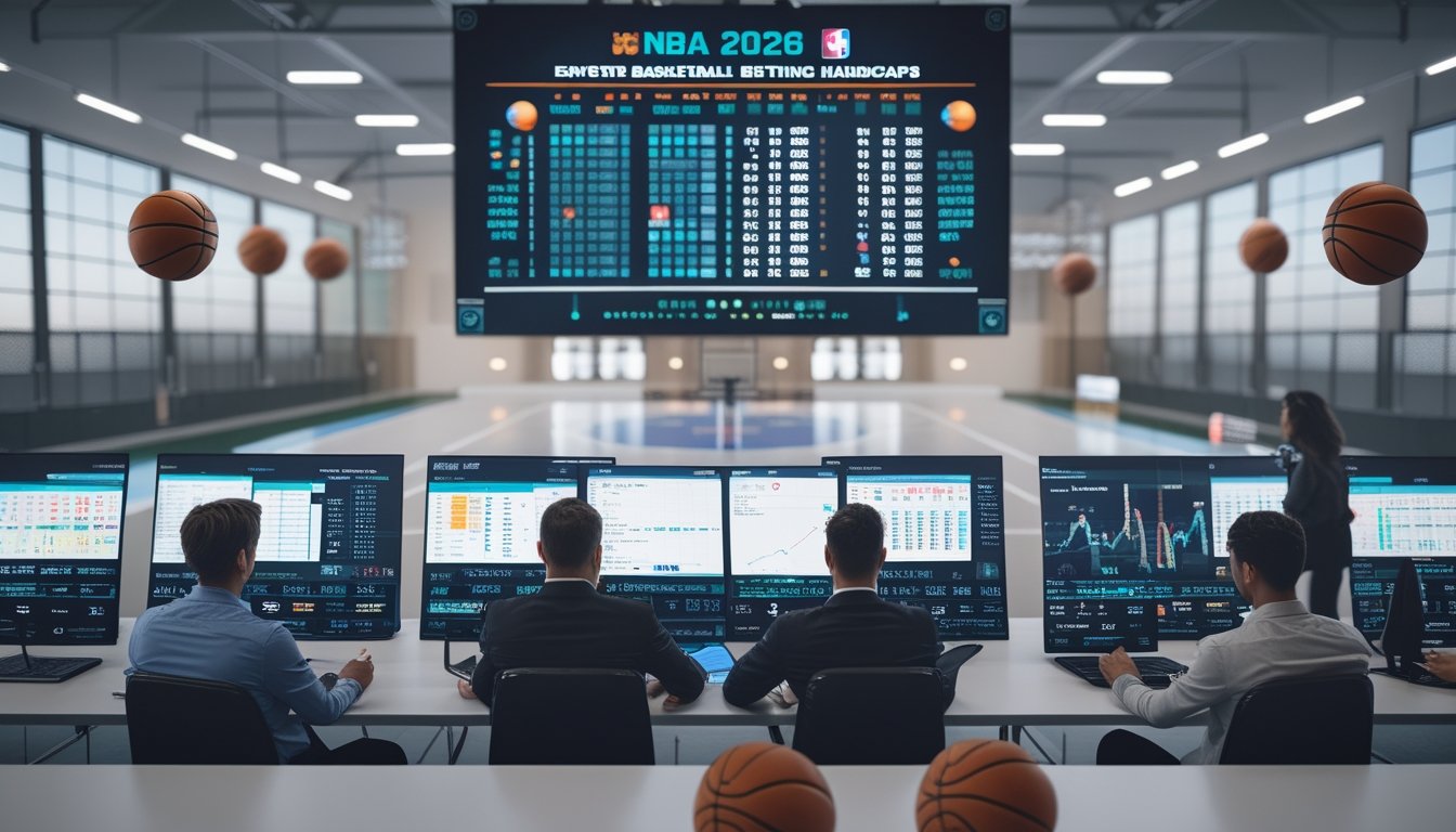 Sekelompok orang sedang menganalisis data taruhan handicap judi basket di sebuah ruang modern dengan layar digital dan lapangan basket di latar belakang.