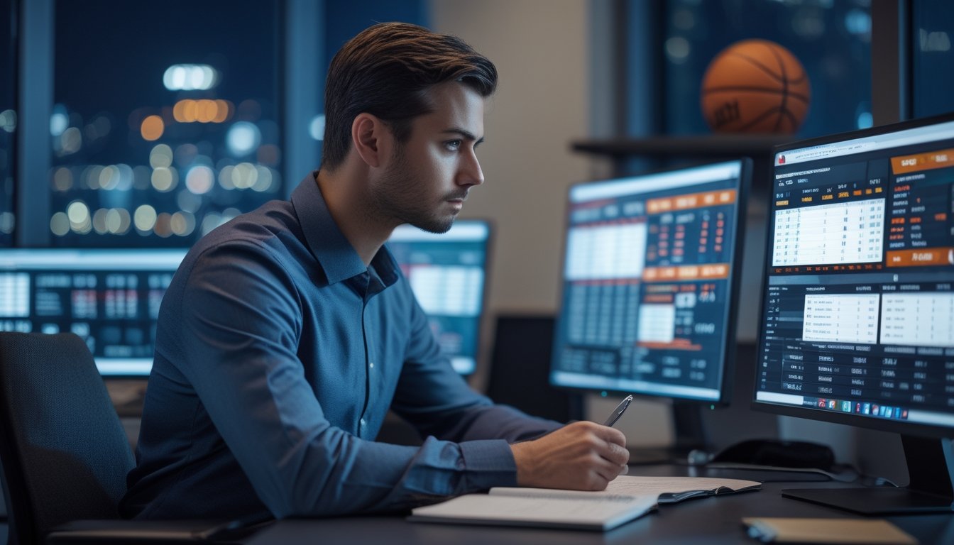 Seorang analis olahraga pria sedang mempelajari statistik dan data pertandingan bola basket di depan beberapa layar komputer di kantor pada malam hari.