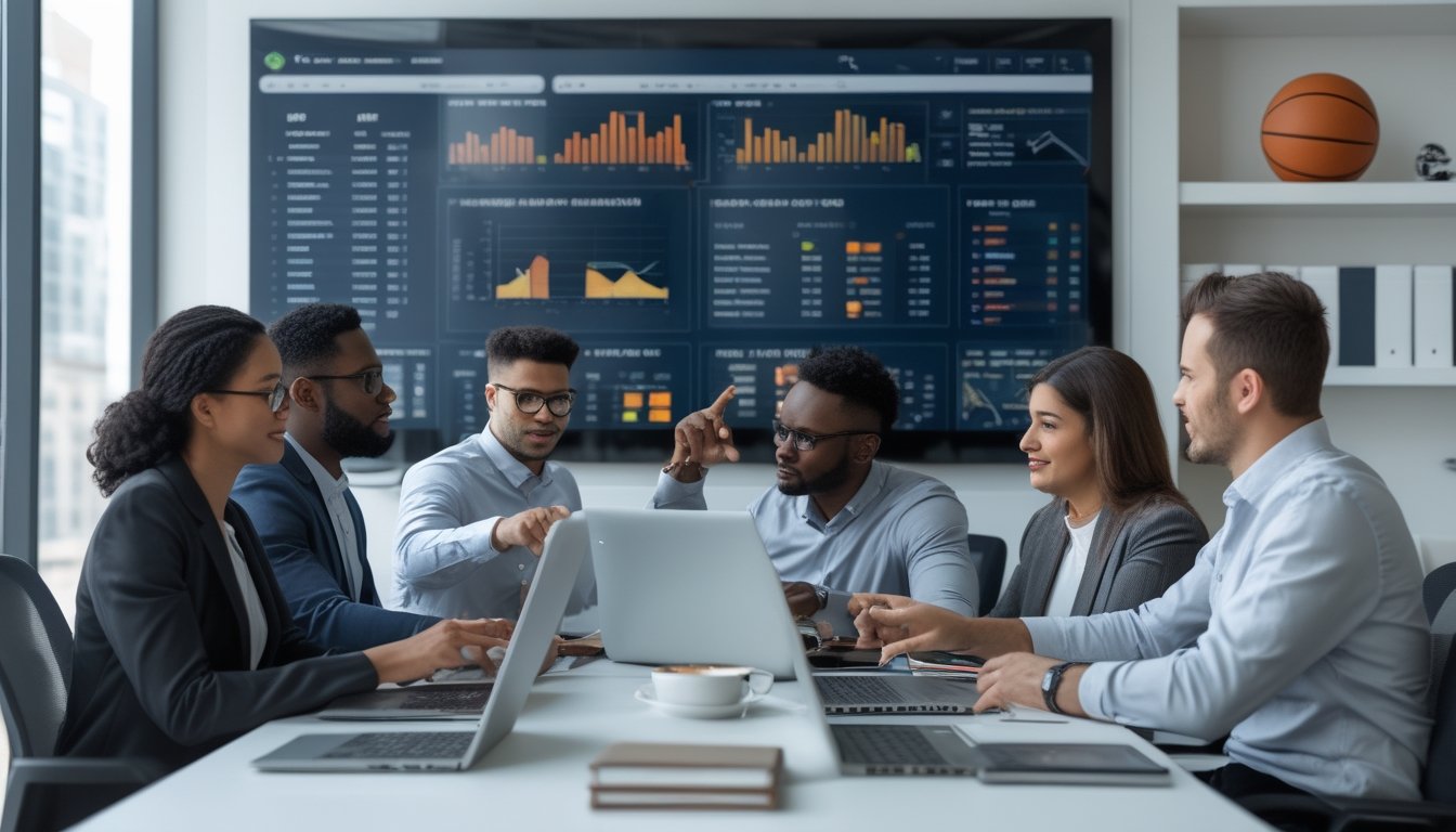 Tim analis sedang berdiskusi di kantor dengan layar besar menampilkan statistik dan grafik NBA terkait taruhan olahraga.