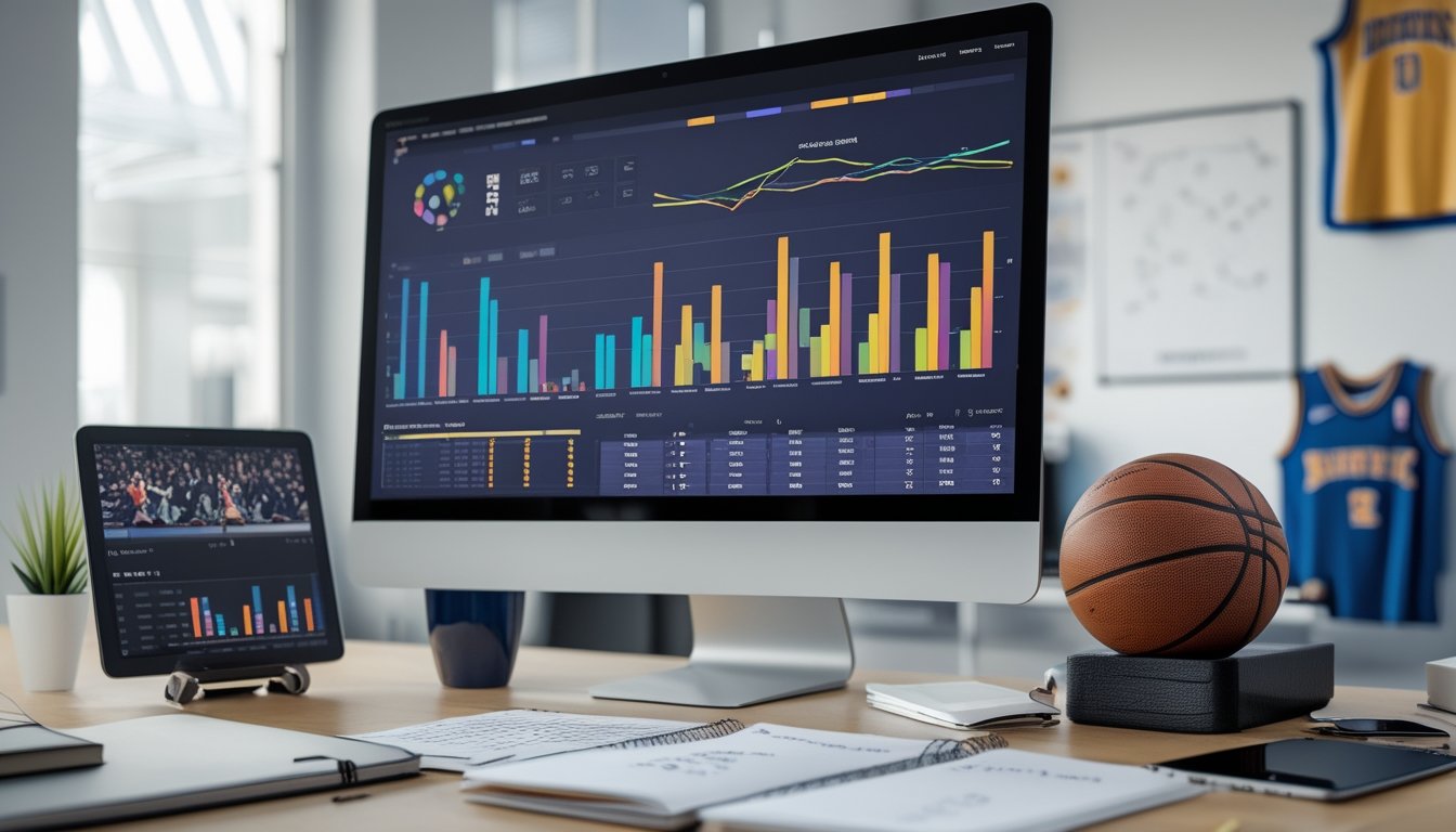 Sebuah ruang kerja modern dengan komputer menampilkan grafik statistik tim NBA, tablet dengan rekaman pertandingan bola basket, buku catatan, dan bola basket di atas meja.