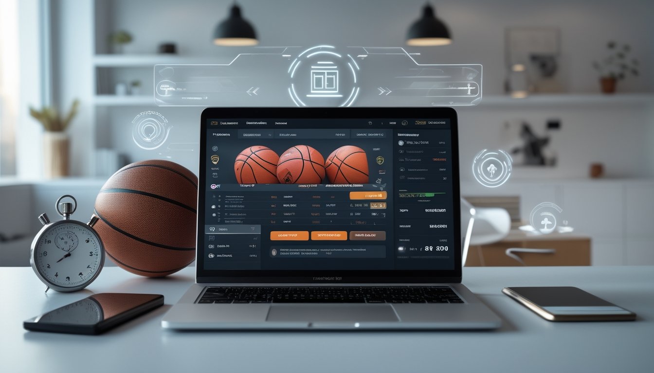 Seseorang menggunakan laptop atau ponsel dengan tampilan antarmuka taruhan bola basket dan simbol keamanan di meja kerja.