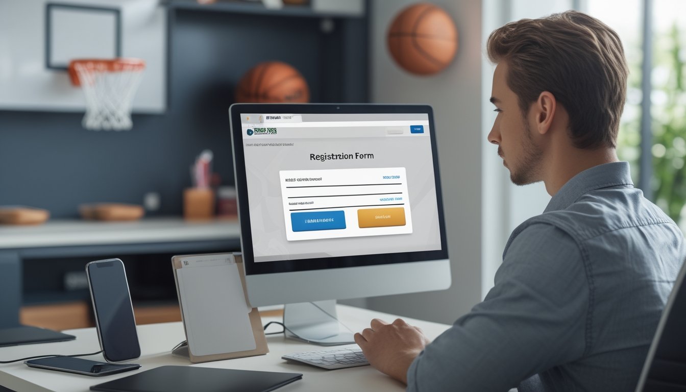 Seorang pria muda sedang mendaftar akun secara online di laptop dengan latar belakang elemen bola basket di kantor modern.