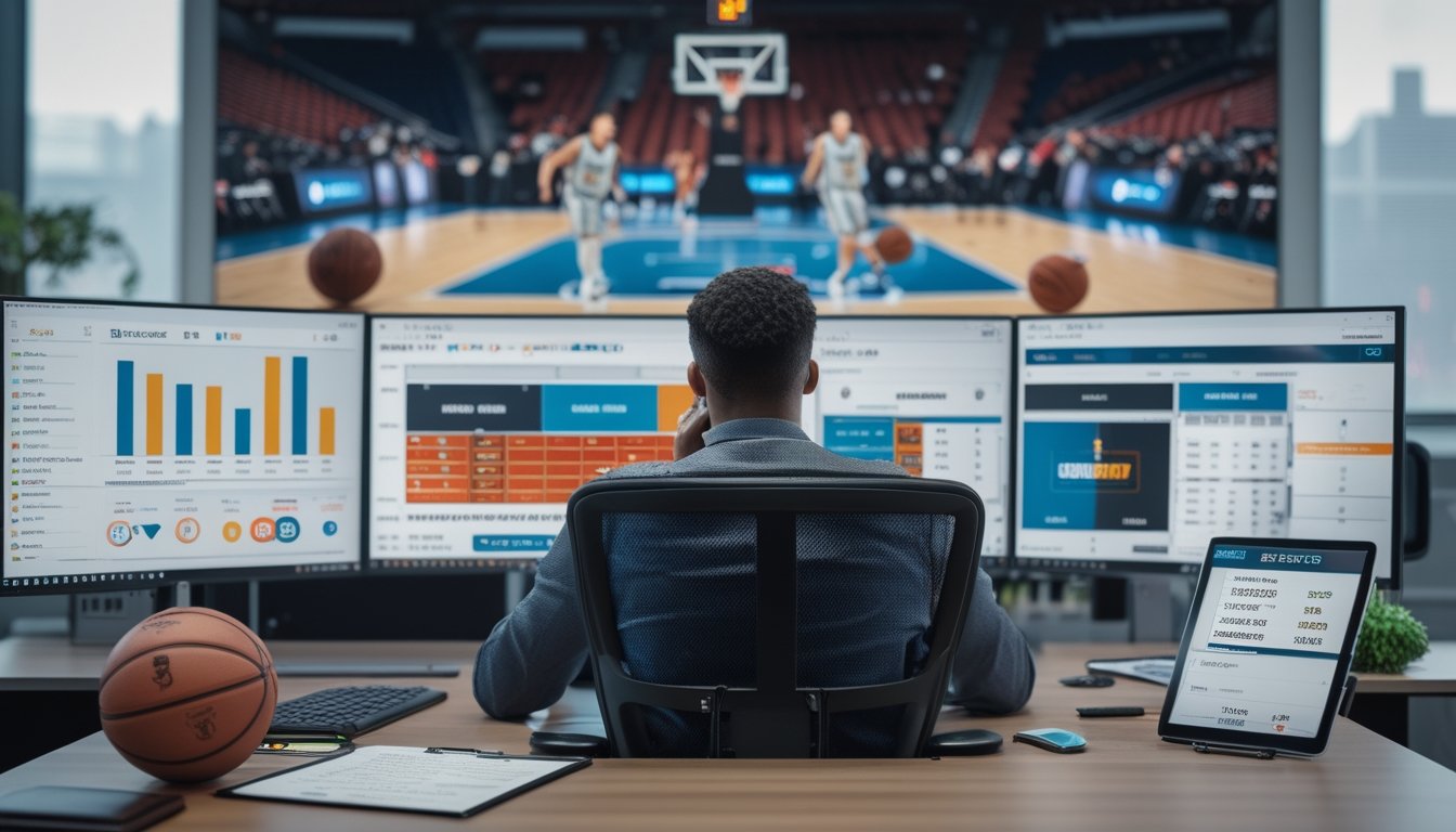 Seorang analis olahraga sedang bekerja di meja dengan beberapa layar komputer yang menampilkan statistik dan pertandingan bola basket.