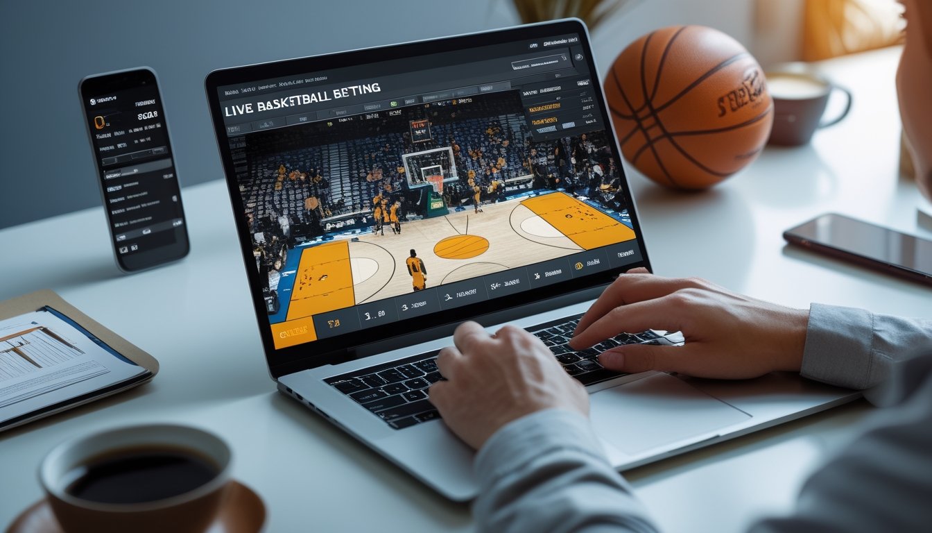 Seseorang menggunakan laptop dengan tampilan pertandingan basket dan statistik real-time di meja kerja dengan bola basket di sampingnya.