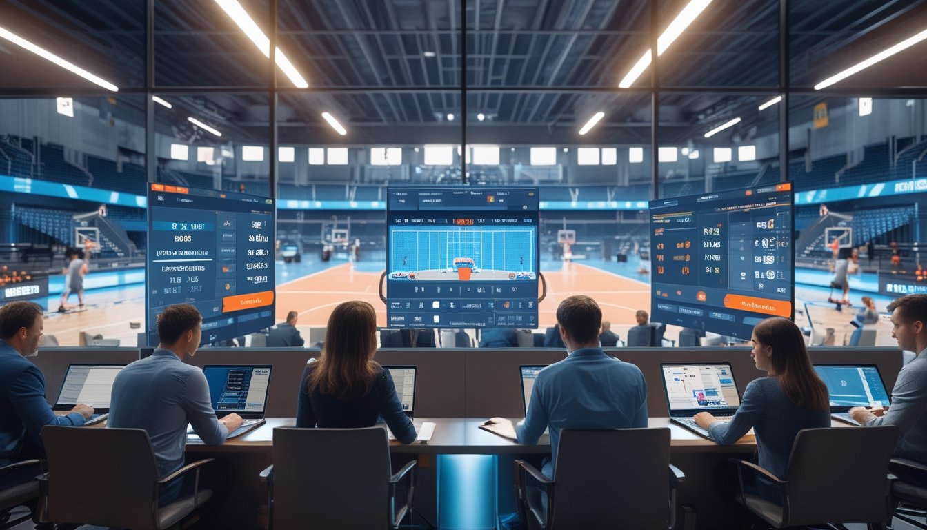 Orang-orang yang serius menggunakan perangkat elektronik sambil melihat statistik dan skor pertandingan basket secara real-time di layar besar di ruang modern.