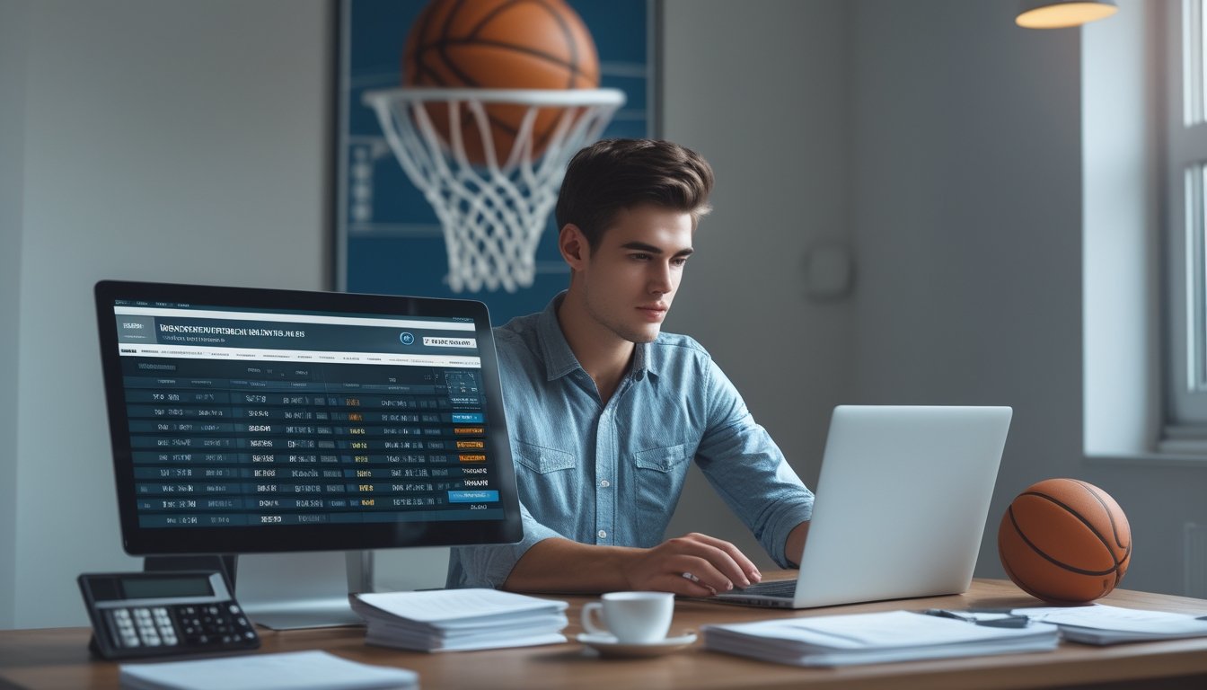 Seorang pria muda duduk di meja dengan laptop dan alat tulis, mempersiapkan strategi mengelola modal taruhan basket.