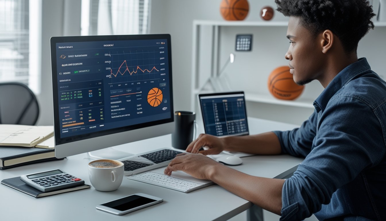 Seorang dewasa muda duduk di meja dengan laptop, menganalisis statistik dan grafik bola basket sambil mengelola modal taruhan.