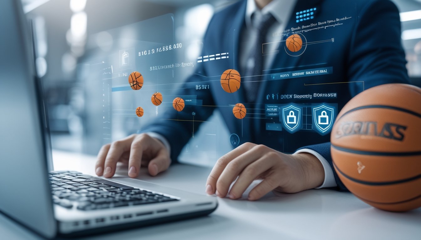 Seorang pengguna sedang menggunakan laptop dengan tampilan ikon bola basket dan simbol keamanan di layar, menggambarkan transaksi aman dan perlindungan data dalam taruhan bola basket online.