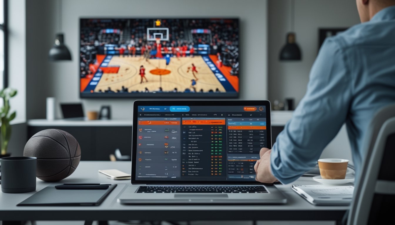 Seorang individu sedang menggunakan perangkat digital untuk menganalisis pasar taruhan mix parlay pada pertandingan basket yang sedang berlangsung.