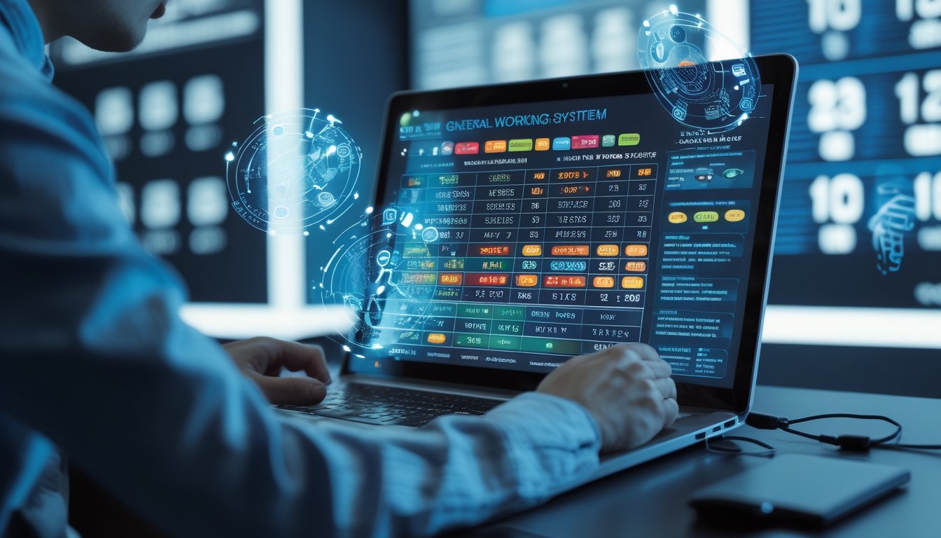 Seseorang menggunakan laptop dengan tampilan antarmuka angka togel dan grafik di lingkungan kantor modern yang berteknologi tinggi.