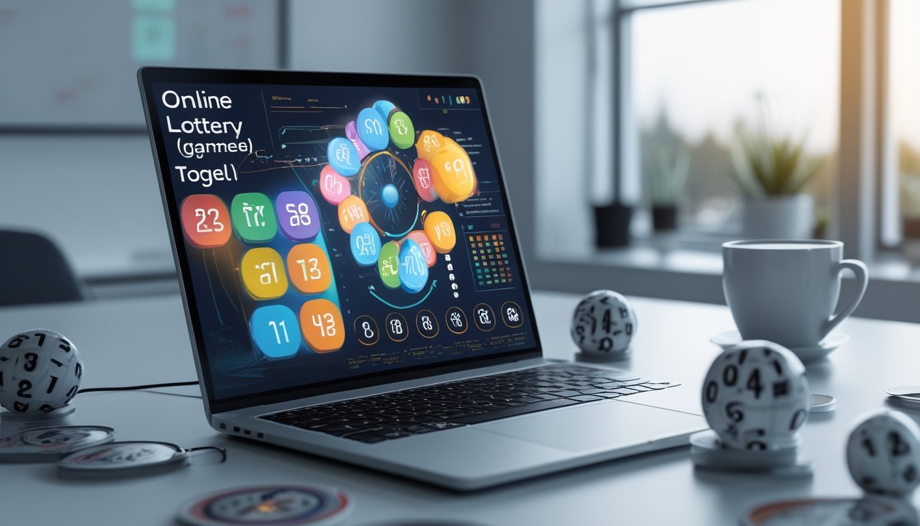 Seorang profesional bekerja di depan laptop dengan layar menampilkan antarmuka permainan togel online, di meja terdapat bola togel bernomor dan cangkir kopi, latar belakang kantor modern dengan pencahayaan alami.