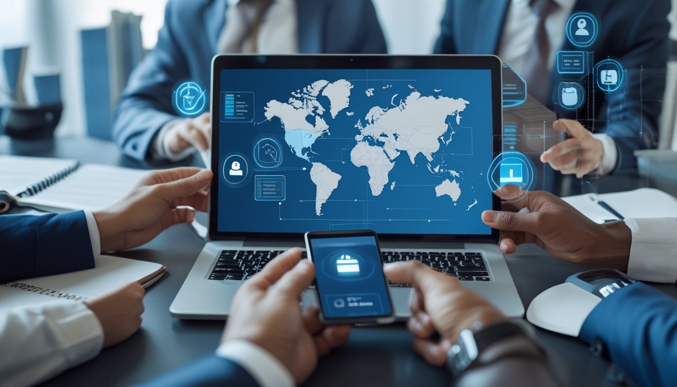 Meja kerja dengan laptop menampilkan peta dunia dan tangan berbagai etnis menggunakan perangkat digital yang menunjukkan simbol regulasi dan keamanan online.