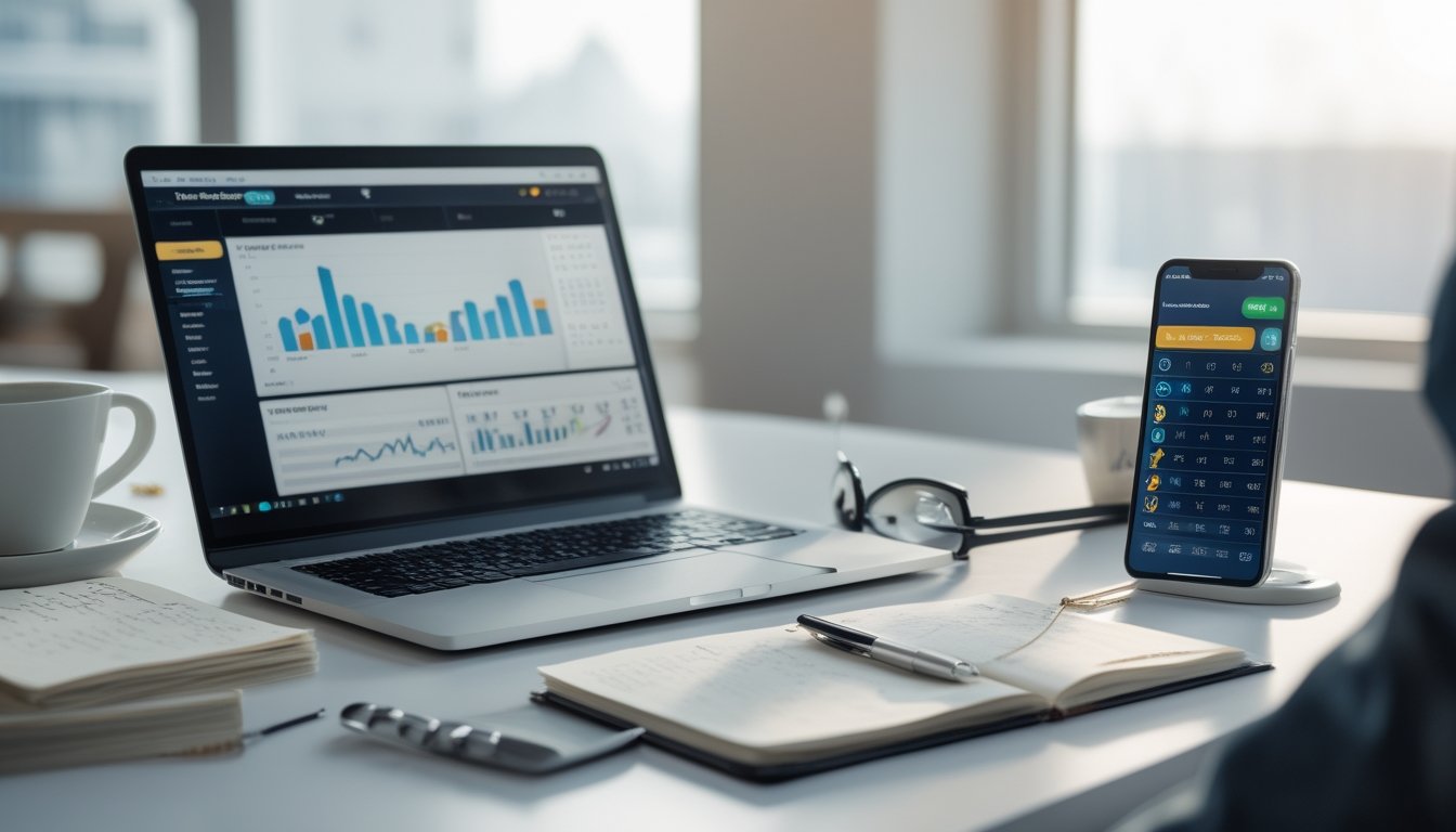 Meja kerja dengan laptop, buku catatan, dan ponsel yang menampilkan data terkait togel online, dengan suasana fokus dan teratur.