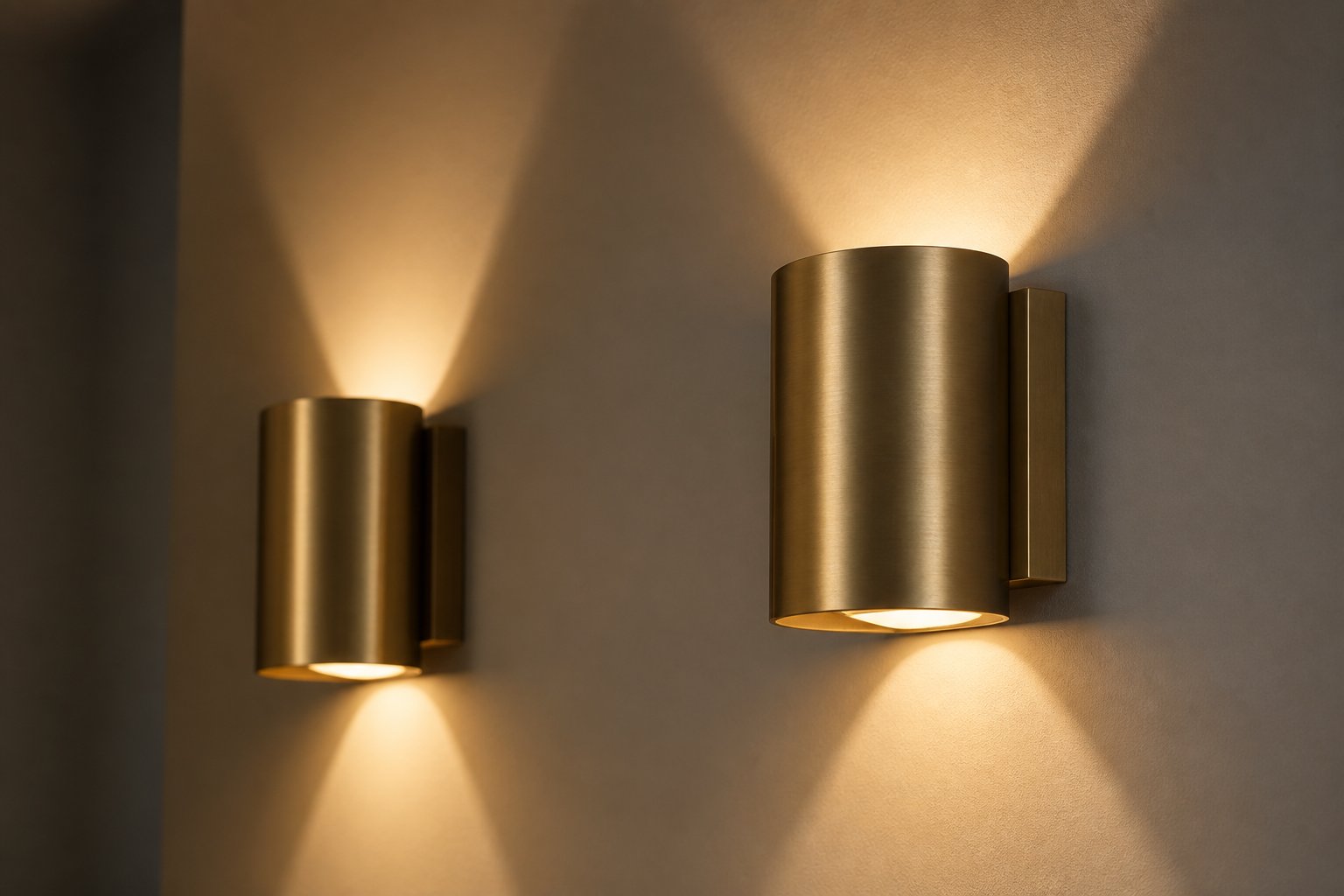 Wall lights mounted on a neutral-colored interior wall emitting warm light.