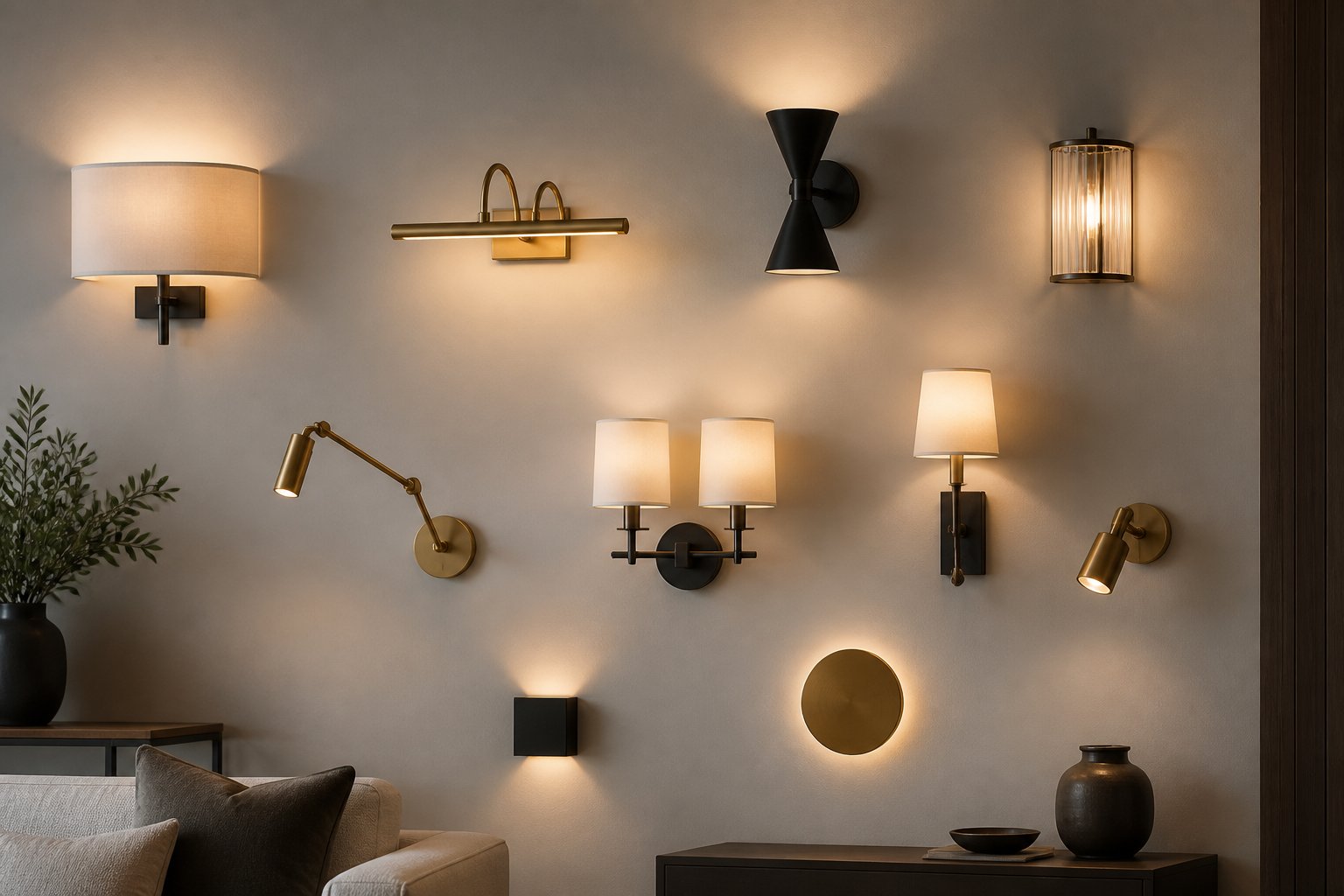 A modern indoor wall with various types of illuminated wall lighting fixtures arranged neatly.