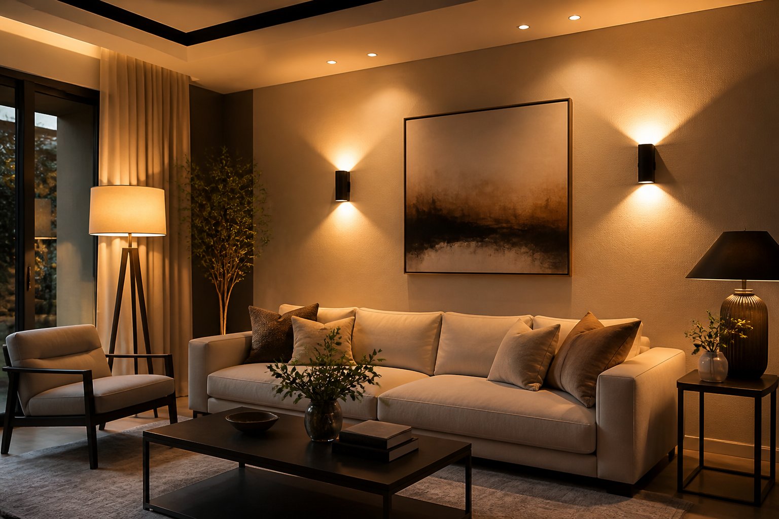 A modern living room with warm wall lights and layered lighting creating a cozy atmosphere.