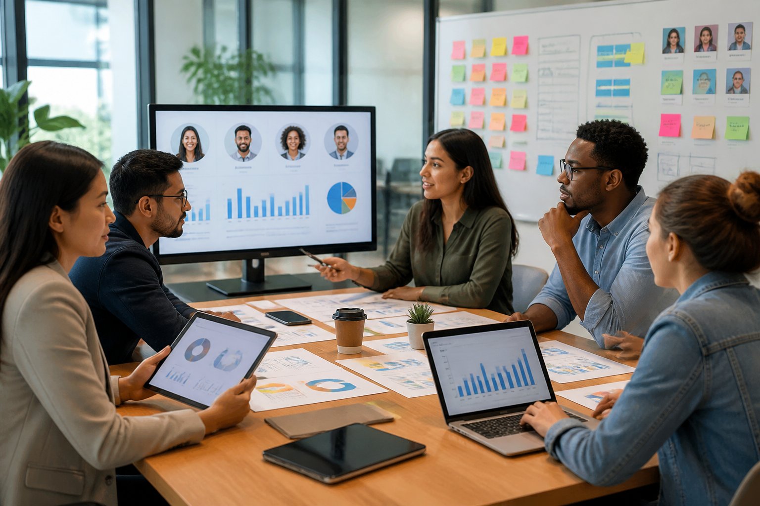 Eine Gruppe von Fachleuten arbeitet gemeinsam an einem Tisch mit Laptops und digitalen Diagrammen, um Zielgruppenanalyse und Käuferprofile zu erstellen.