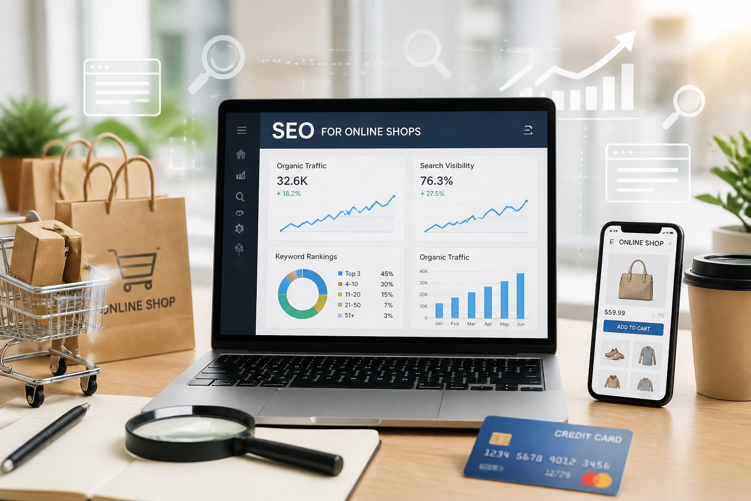 Arbeitsplatz mit Laptop, der SEO-Analysen zeigt, umgeben von Einkaufstaschen, Kreditkarte und Smartphone mit Einkaufs-App.