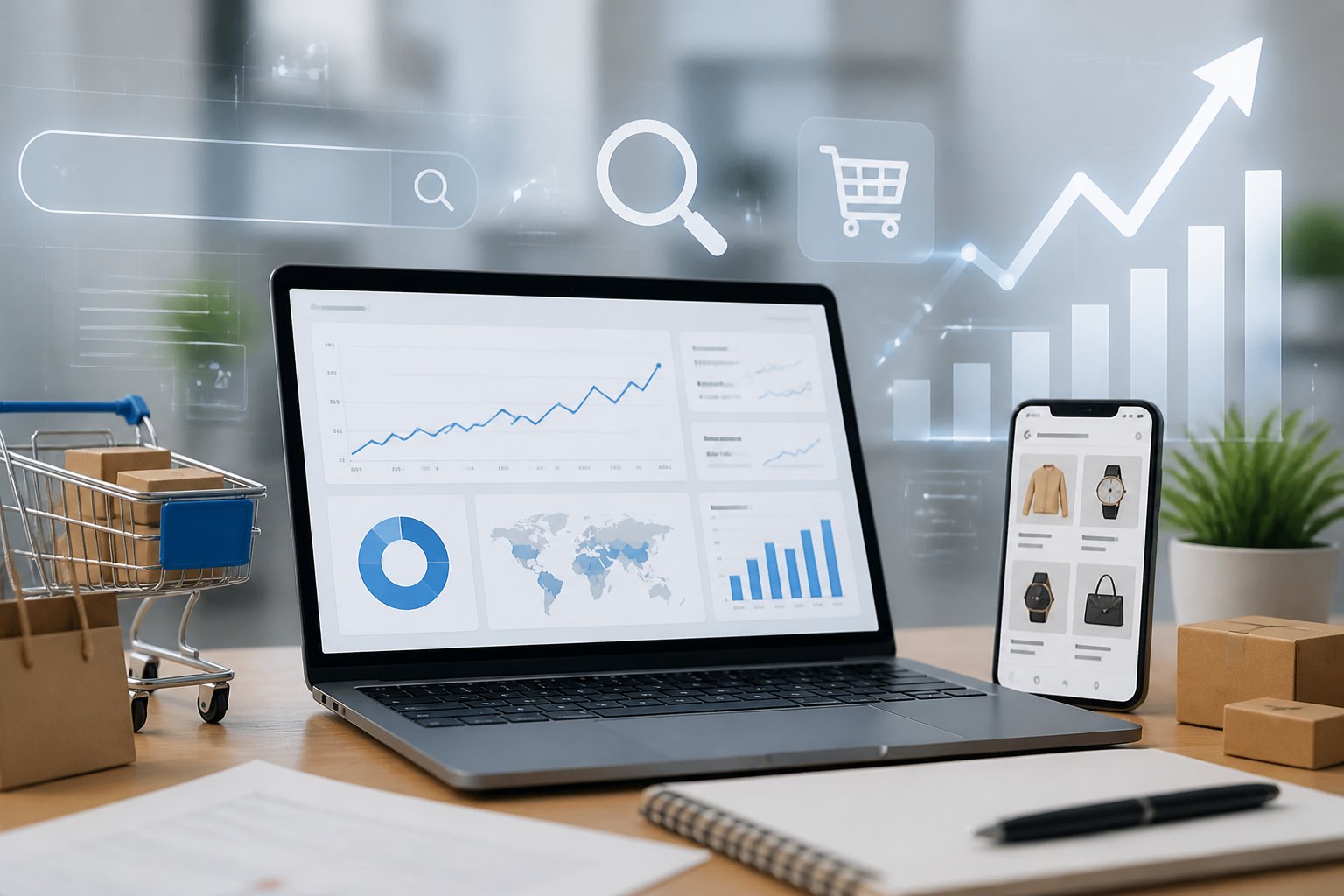 Ein moderner Arbeitsplatz mit einem Laptop, der Analysediagramme zeigt, umgeben von Symbolen f&uuml;r Online-Shopping und Suchmaschinenoptimierung.
