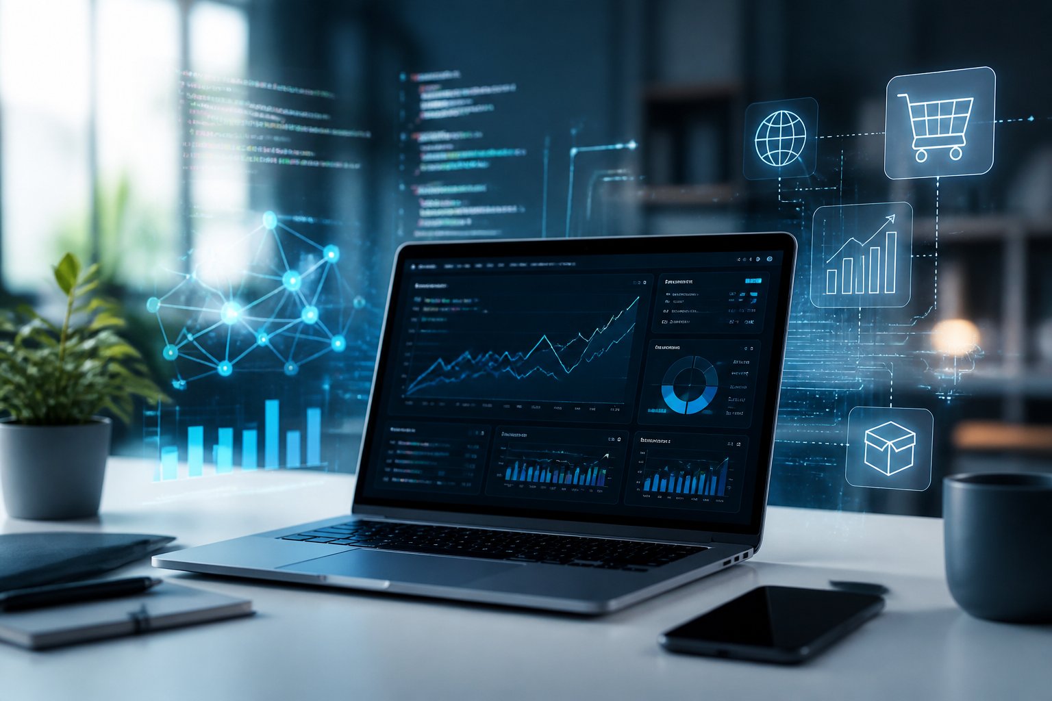Ein moderner Arbeitsplatz mit einem Laptop, der SEO-Daten und Diagramme zeigt, um technische Suchmaschinenoptimierung f&uuml;r Online-Shops darzustellen.